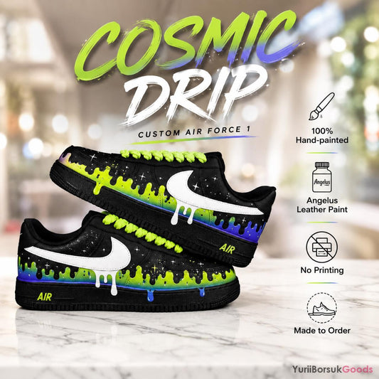 Hand-Painted Cosmic Drip Air Force 1 Sneakers, Neon Galaxy Kicks (Made to Order)