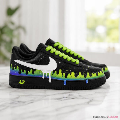 Hand-Painted Cosmic Drip Air Force 1 Sneakers, Neon Galaxy Kicks (Made to Order)