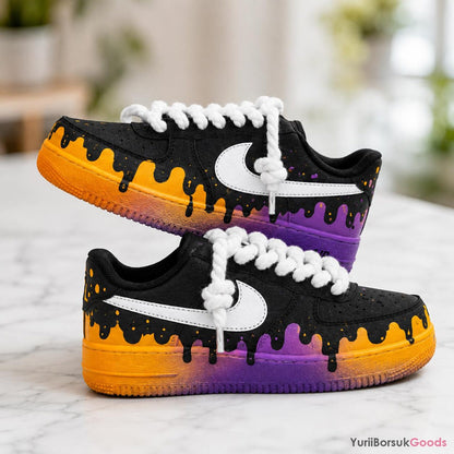 Hand-Painted Sunset Drip Air Force 1 Sneakers, Orange Purple Gradient, Chunky Rope Laces