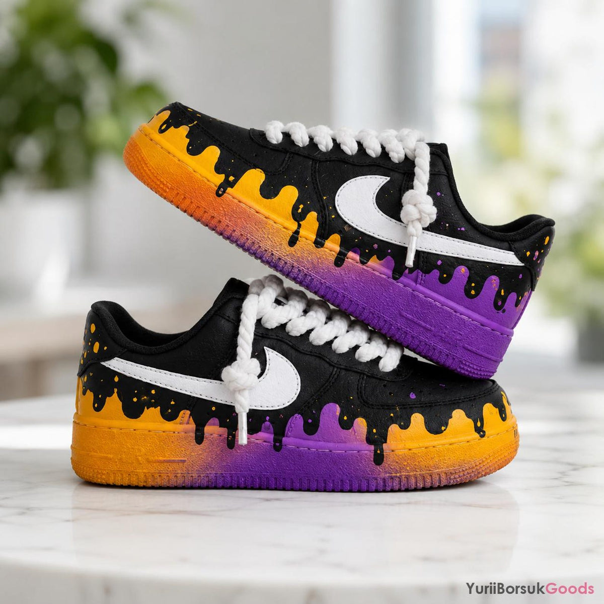 Hand-Painted Sunset Drip Air Force 1 Sneakers, Orange Purple Gradient, Chunky Rope Laces
