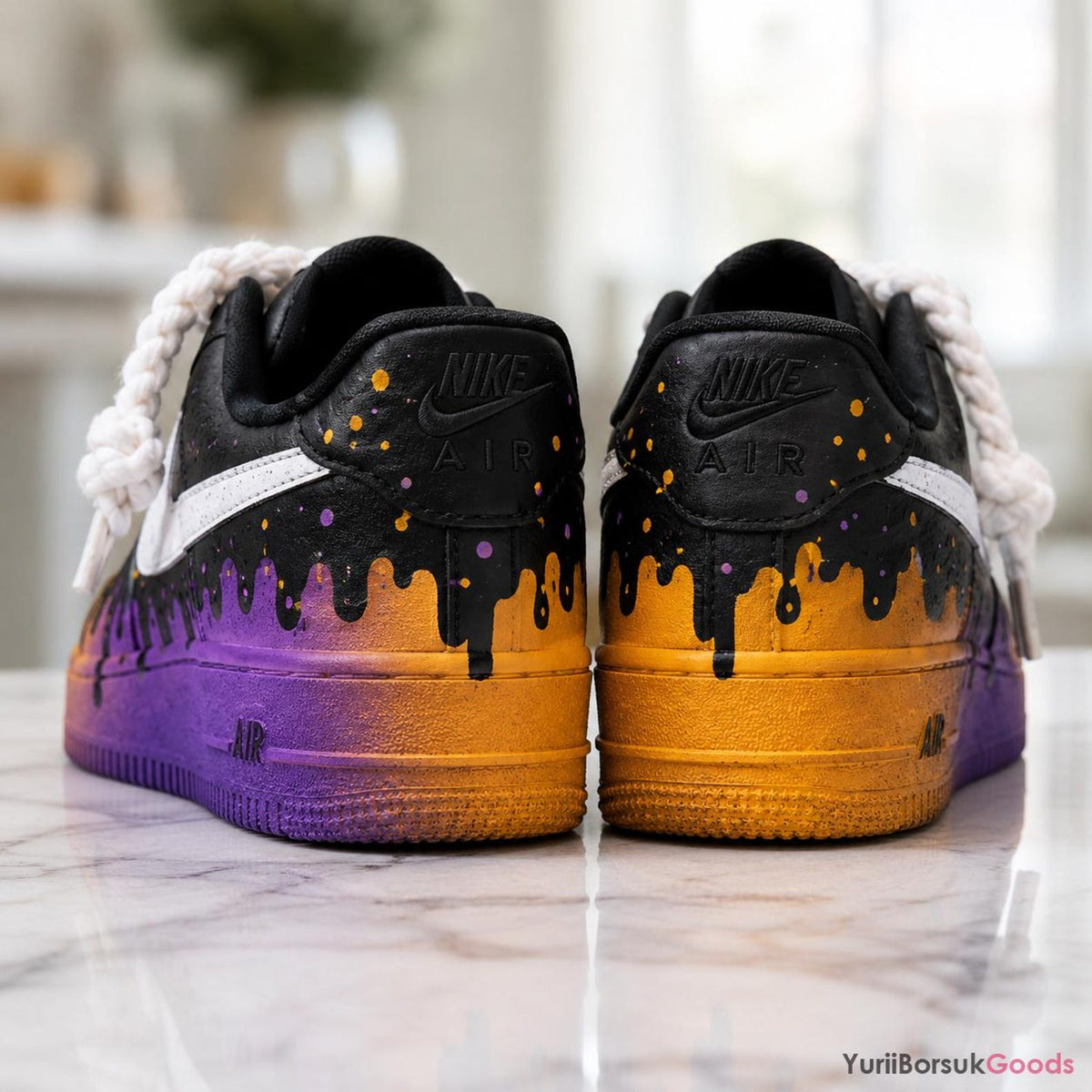 Hand-Painted Sunset Drip Air Force 1 Sneakers, Orange Purple Gradient, Chunky Rope Laces