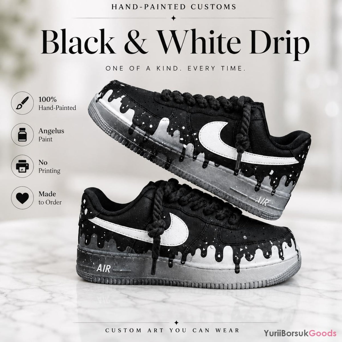 Hand Painted Black White Drip AF1, Chunky Rope Laces Splatter Art Shoes for Men