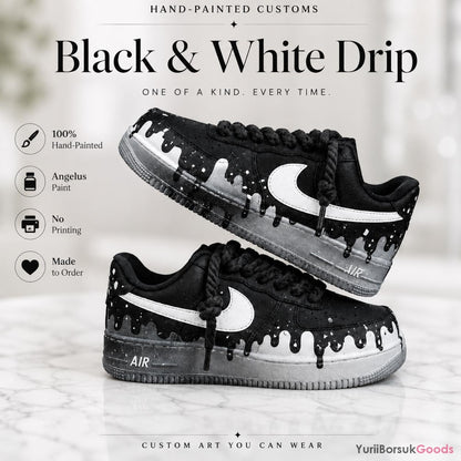 Hand Painted Black White Drip AF1, Chunky Rope Laces Splatter Art Shoes for Men