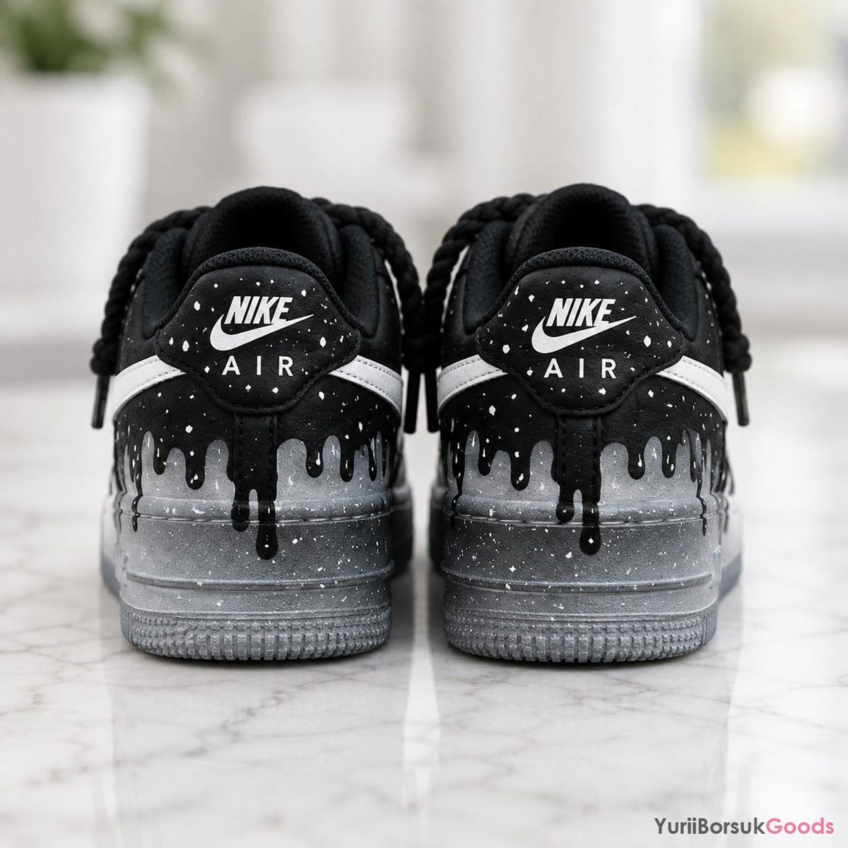 Hand Painted Black White Drip AF1, Chunky Rope Laces Splatter Art Shoes for Men