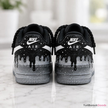 Hand Painted Black White Drip AF1, Chunky Rope Laces Splatter Art Shoes for Men