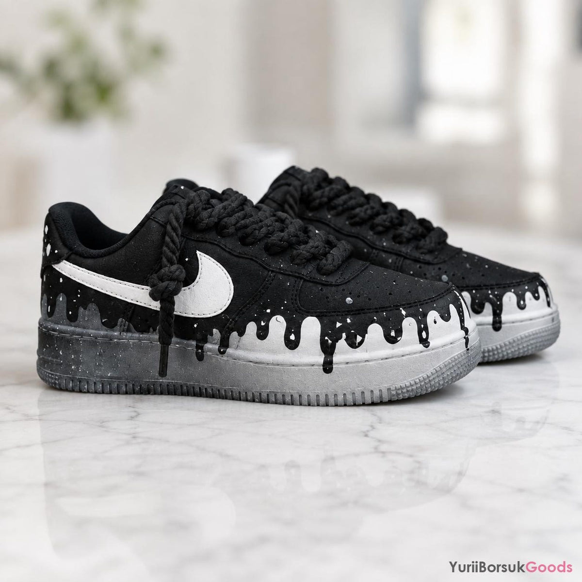 Hand Painted Black White Drip AF1, Chunky Rope Laces Splatter Art Shoes for Men