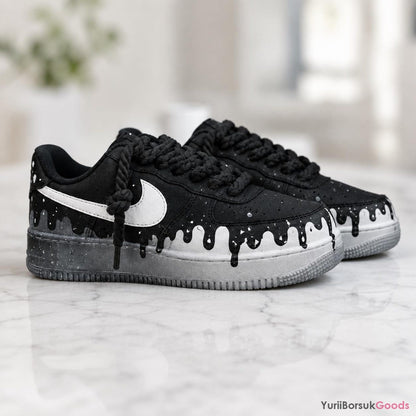 Hand Painted Black White Drip AF1, Chunky Rope Laces Splatter Art Shoes for Men