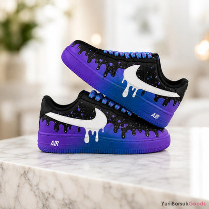 Hand-Painted Galaxy Drip Sneakers, Custom AF1, Purple Blue Star Art (Made to Order)
