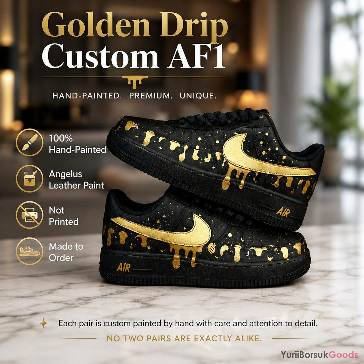 Hand-Painted Golden Drip AF1 Sneakers, Black Metallic Splatter Art, Custom Wedding Gift