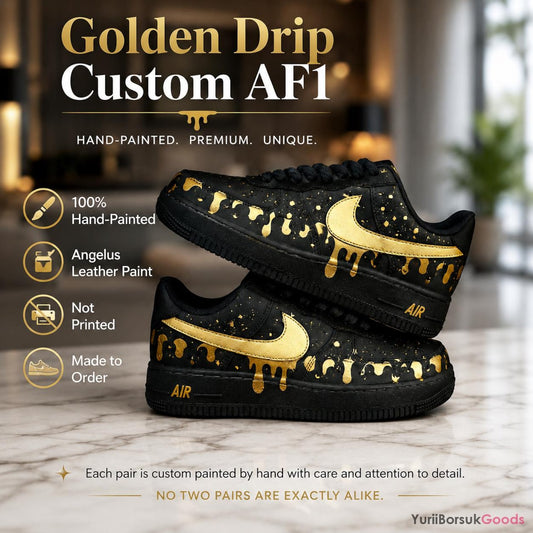 Hand-Painted Golden Drip AF1 Sneakers, Black Metallic Splatter Art, Custom Wedding Gift