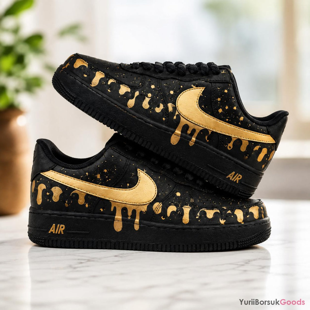 Hand-Painted Golden Drip AF1 Sneakers, Black Metallic Splatter Art, Custom Wedding Gift