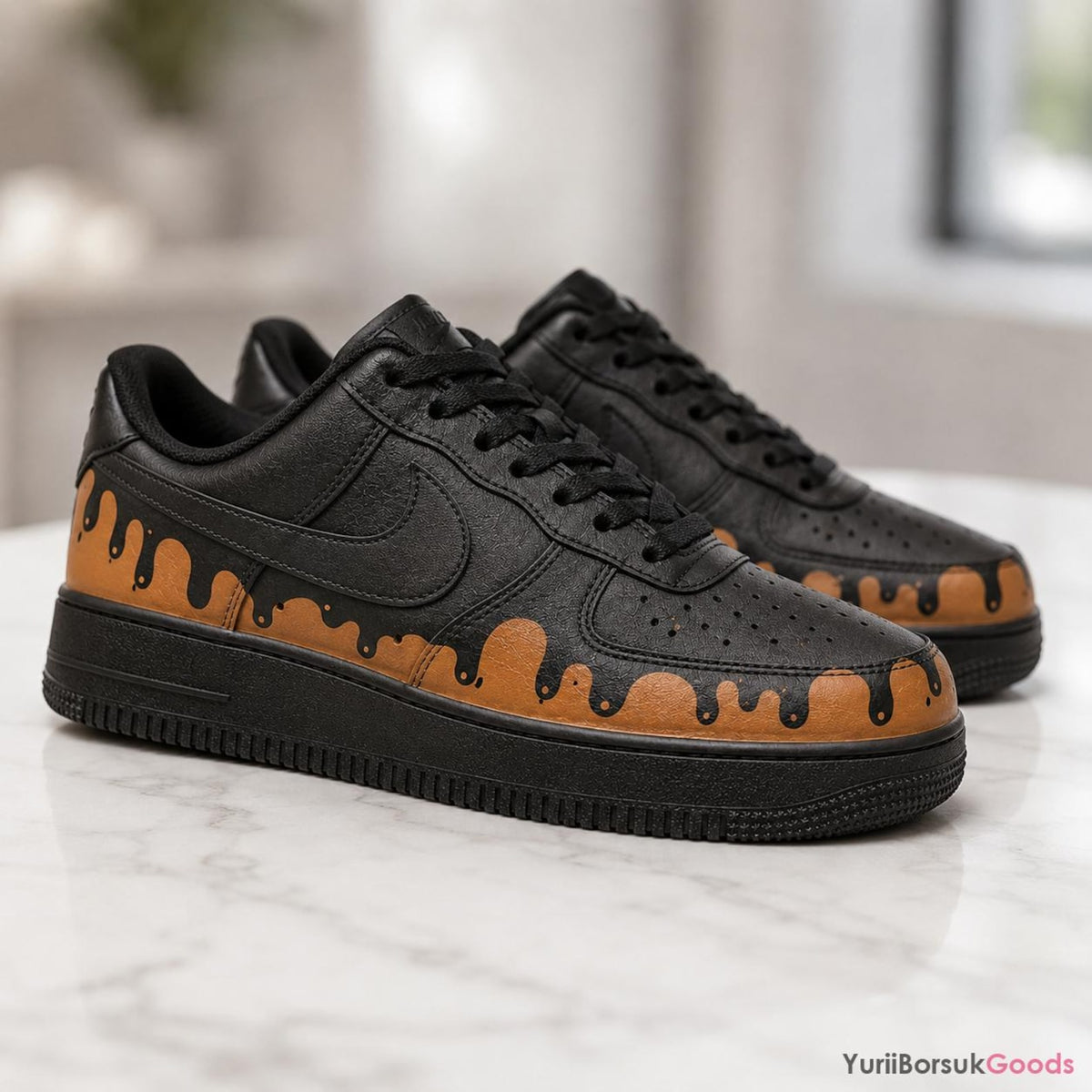 Hand-Painted Caramel Drip AF1 Low Sneakers, Custom Art, Wedding Gift