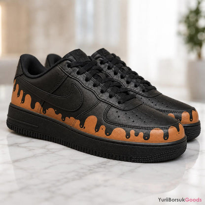 Hand-Painted Caramel Drip AF1 Low Sneakers, Custom Art, Wedding Gift