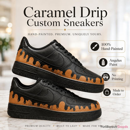 Hand-Painted Caramel Drip AF1 Low Sneakers, Custom Art, Wedding Gift