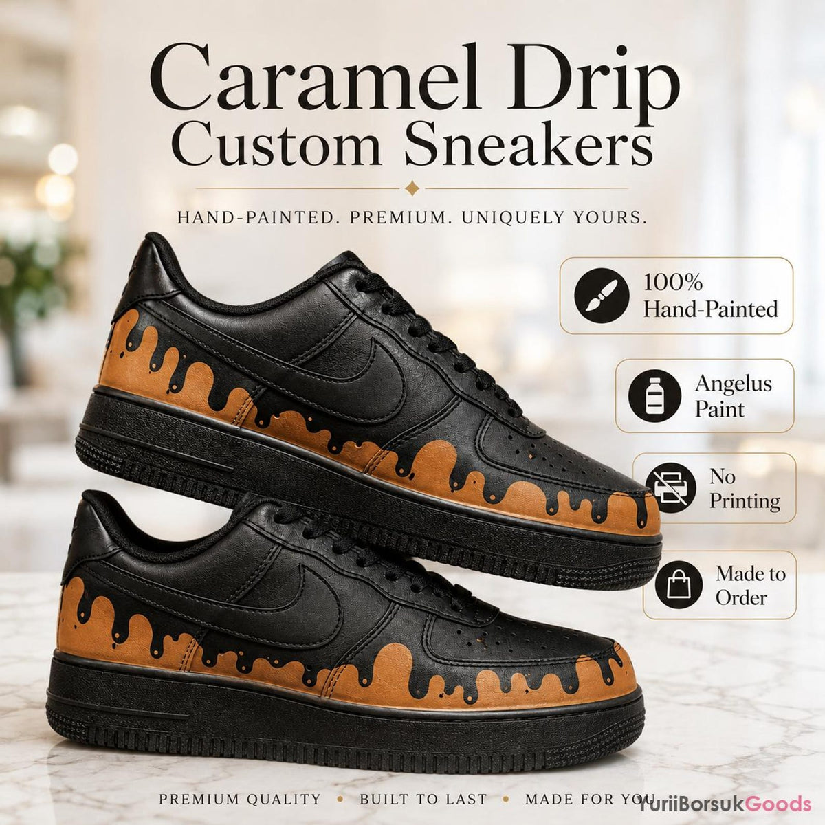 Hand-Painted Caramel Drip AF1 Low Sneakers, Custom Art, Wedding Gift