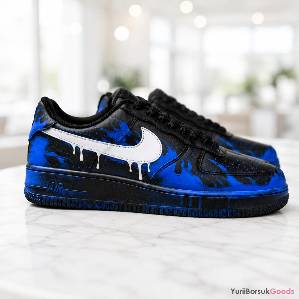 Hand-Painted Blue Flame Drip AF1 Low Sneakers, Custom Wedding Art (Made to Order)
