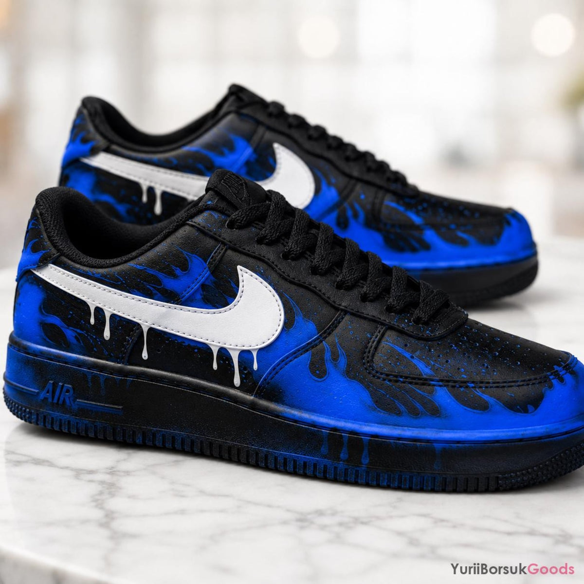 Hand-Painted Blue Flame Drip AF1 Low Sneakers, Custom Wedding Art (Made to Order)