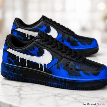 Hand-Painted Blue Flame Drip AF1 Low Sneakers, Custom Wedding Art (Made to Order)