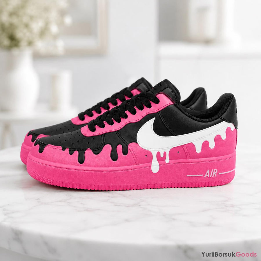 Hand-Painted Custom AF1 Low Sneakers, Black Fuchsia Drip Art, Wedding Gift