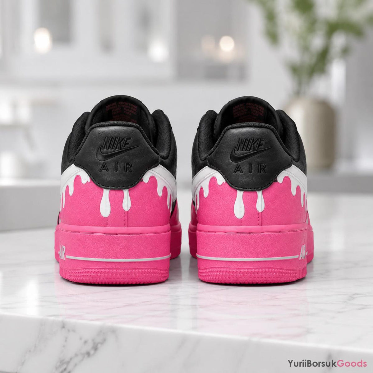 Hand-Painted Custom AF1 Low Sneakers, Black Fuchsia Drip Art, Wedding Gift