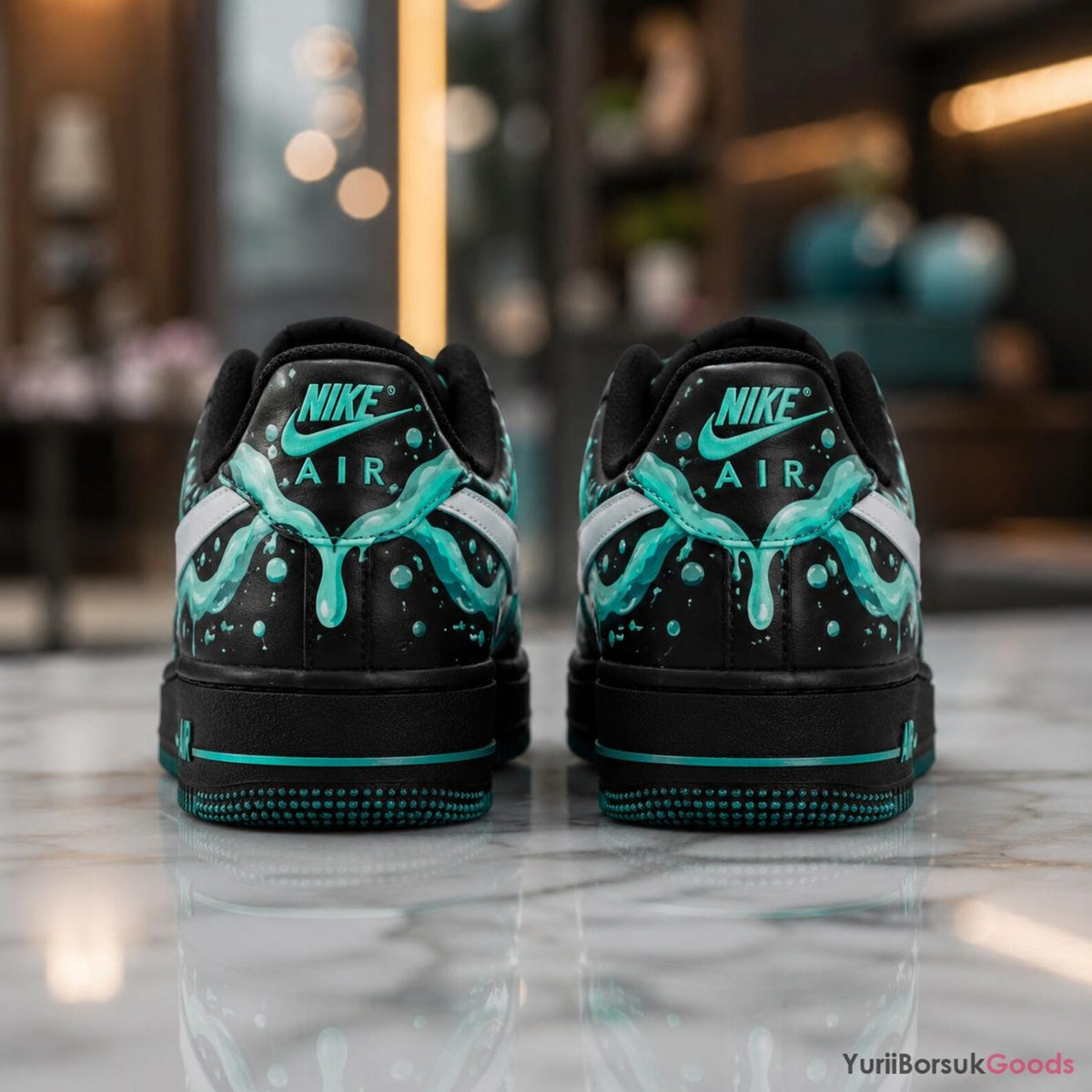 Hand-Painted Mint Drip AF1 Sneakers, Black Aqua Teal Wave Art (Custom)