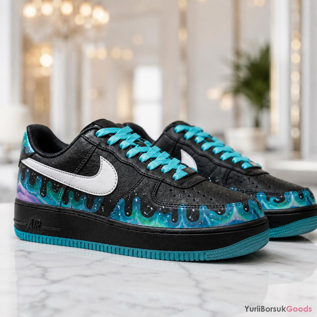 Hand-Painted Aurora Drip Sneakers, Teal Northern Lights Art, Custom AF1 Low (Wedding Gift)
