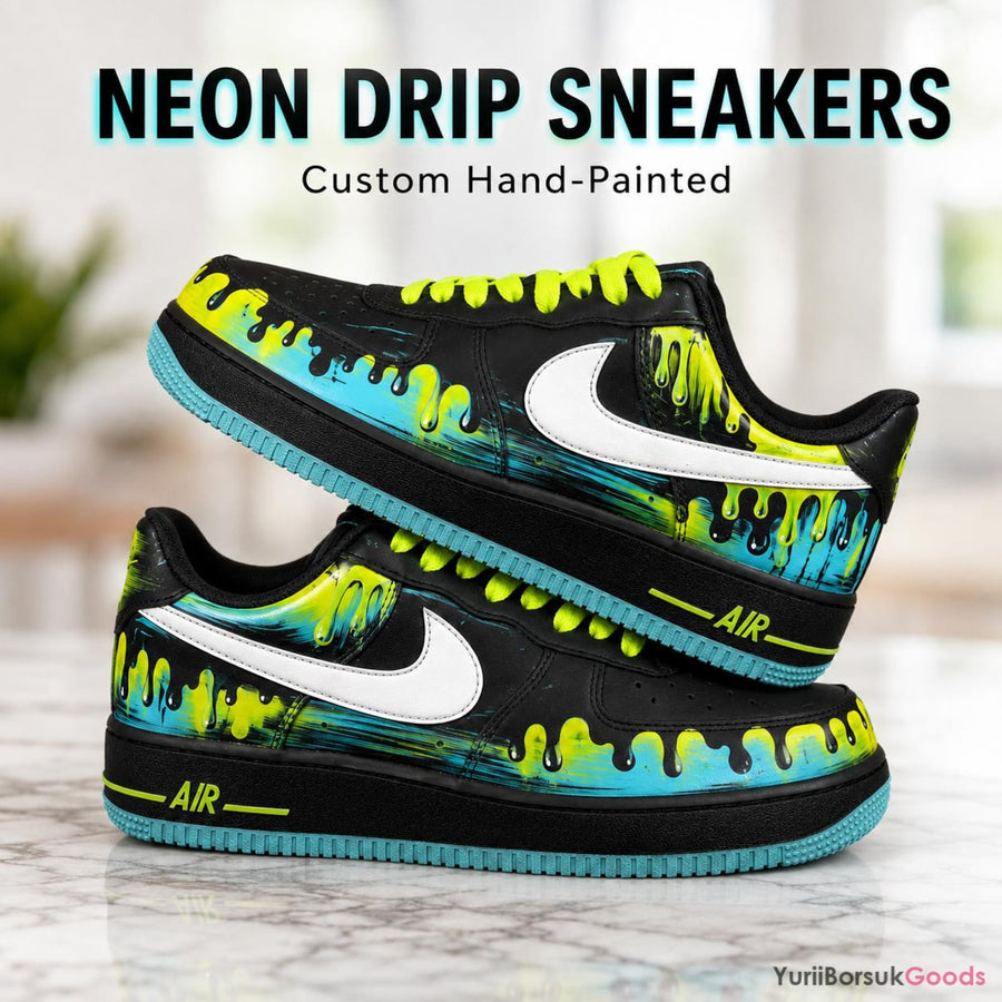 Custom Hand-Painted Neon Drip Sneakers, Cyan Black Splash Art AF1 Low (Personalized)