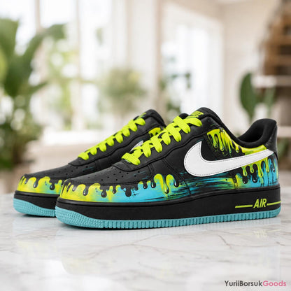 Custom Hand-Painted Neon Drip Sneakers, Cyan Black Splash Art AF1 Low (Personalized)