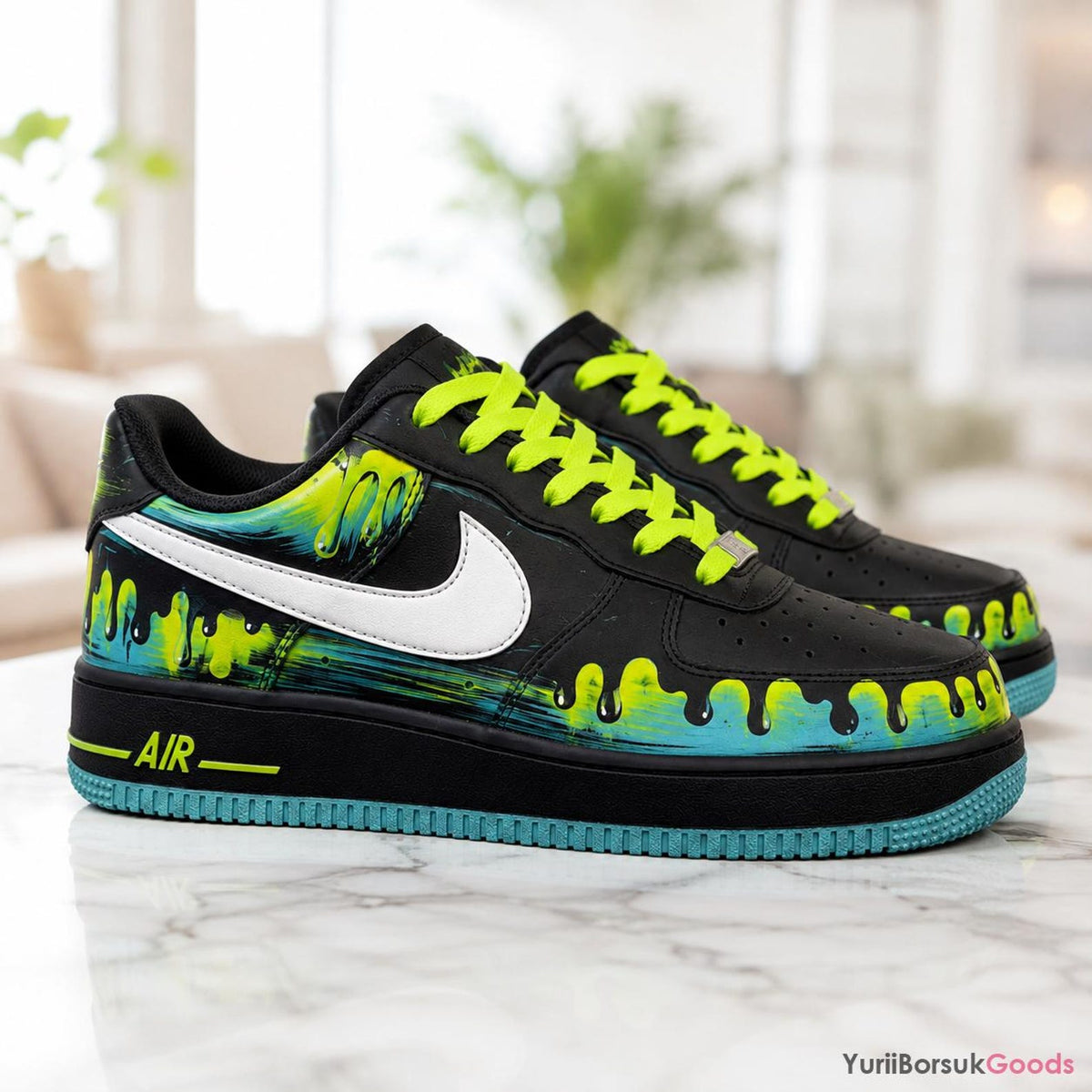 Custom Hand-Painted Neon Drip Sneakers, Cyan Black Splash Art AF1 Low (Personalized)