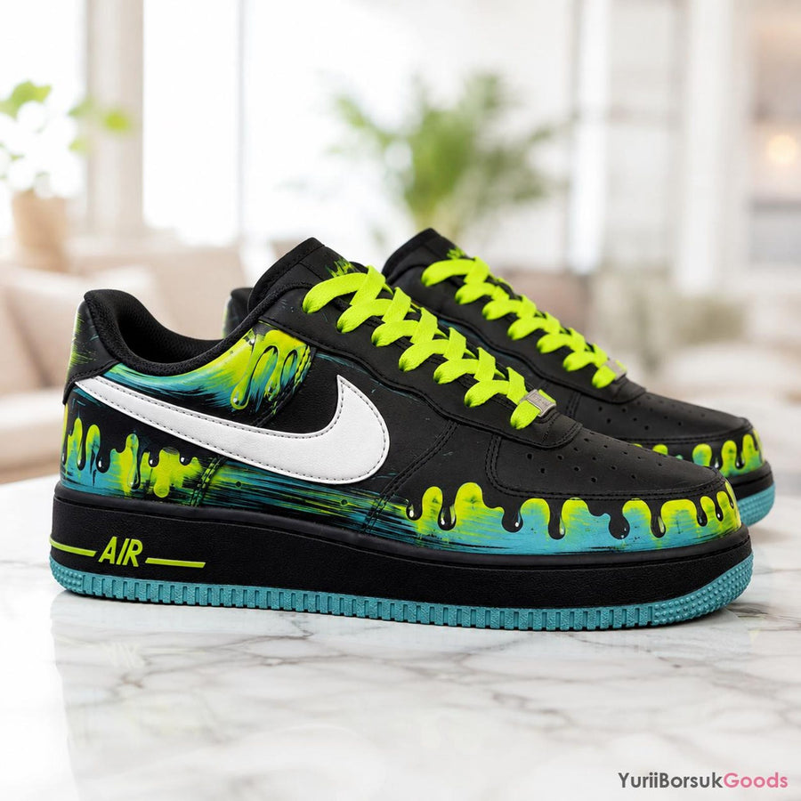 Custom Hand-Painted Neon Drip Sneakers, Cyan Black Splash Art AF1 Low (Personalized)