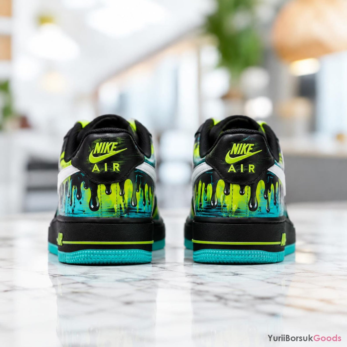 Custom Hand-Painted Neon Drip Sneakers, Cyan Black Splash Art AF1 Low (Personalized)