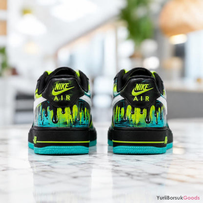 Custom Hand-Painted Neon Drip Sneakers, Cyan Black Splash Art AF1 Low (Personalized)