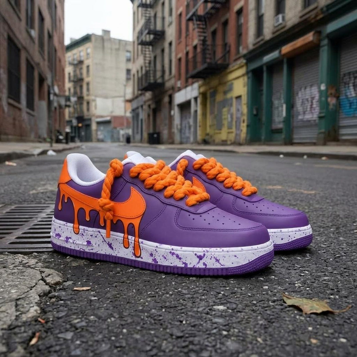 Purple Drip Sneakers, Orange Custom Shoes, Paint Splatter AF1, Hand Painted Streetwear