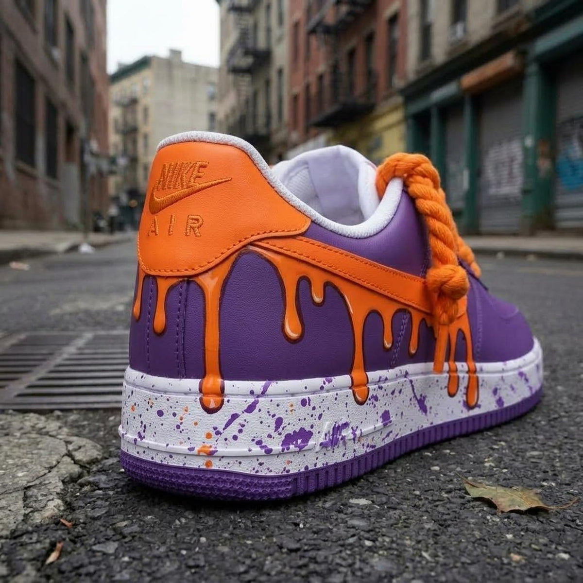 Purple Drip Sneakers, Orange Custom Shoes, Paint Splatter AF1, Hand Painted Streetwear