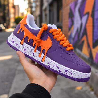 Purple Drip Sneakers, Orange Custom Shoes, Paint Splatter AF1, Hand Painted Streetwear