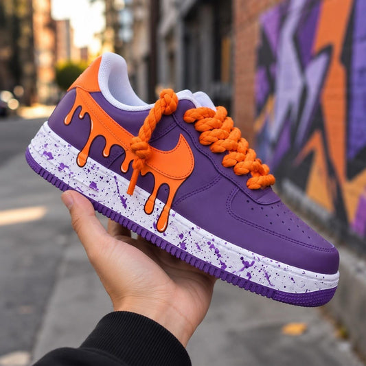 Purple Drip Sneakers, Orange Custom Shoes, Paint Splatter AF1, Hand Painted Streetwear