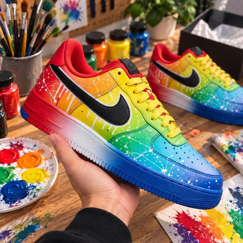 Rainbow Hand Painted Sneakers, Custom Shoes, Paint Splatter Design, Colorful Streetwear
