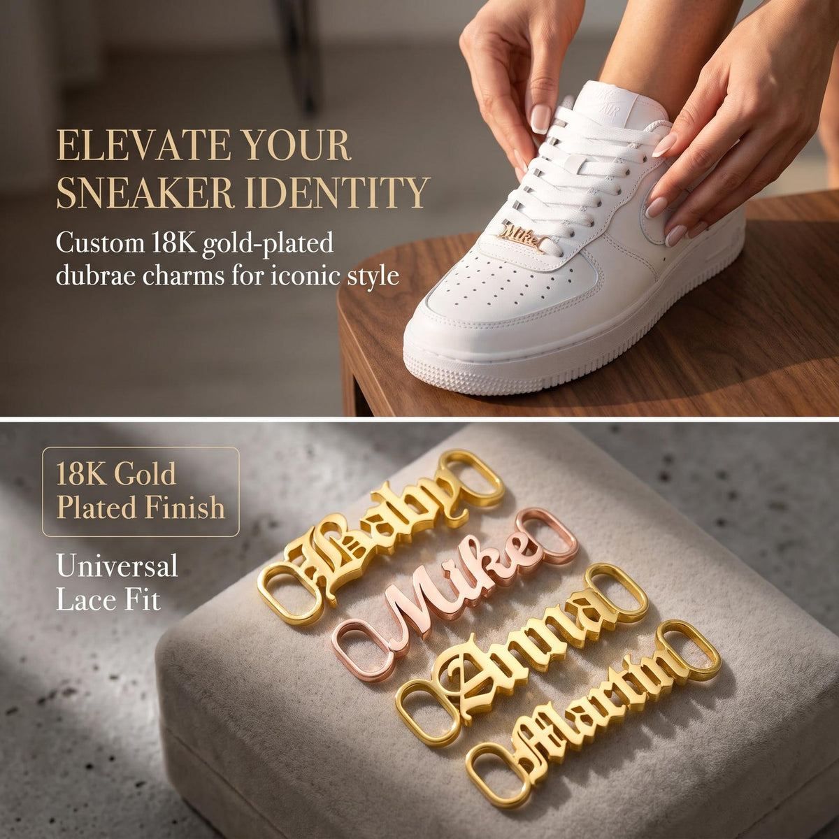 Custom 18K Gold Shoe Lace Charm – Personalized Cursive Letter Sneaker Accessory, Gift for Sneakerheads
