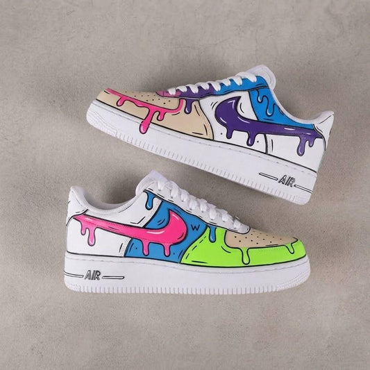 Custom Hand Painted AF1 Sneakers, Paint Drip Slime Aesthetic Shoes, Melting Cartoon Block Sneakers, Personalized Streetwear Gift Men Women