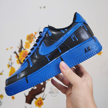 Custom Black Blue Drip Air Force 1 Sneakers, Hand Painted AF1 Shoes