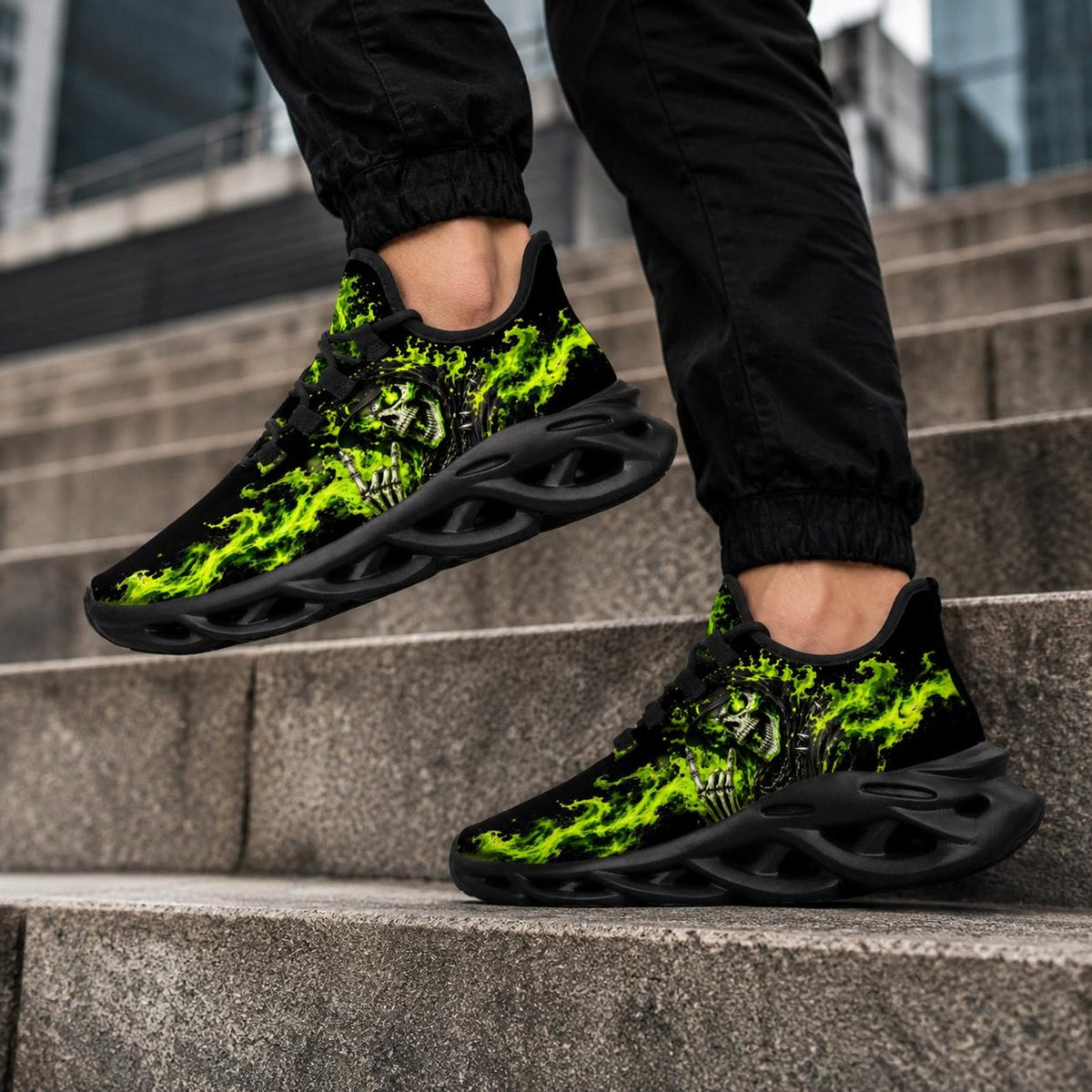 Skull Flame Sneakers for Men Women, Gothic Running Shoes, Green Fire Grim Reaper Design, Alternative Streetwear Gift