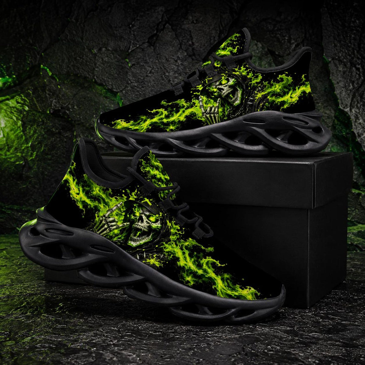 Skull Flame Sneakers for Men Women, Gothic Running Shoes, Green Fire Grim Reaper Design, Alternative Streetwear Gift