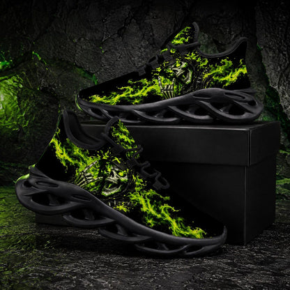 Skull Flame Sneakers for Men Women, Gothic Running Shoes, Green Fire Grim Reaper Design, Alternative Streetwear Gift