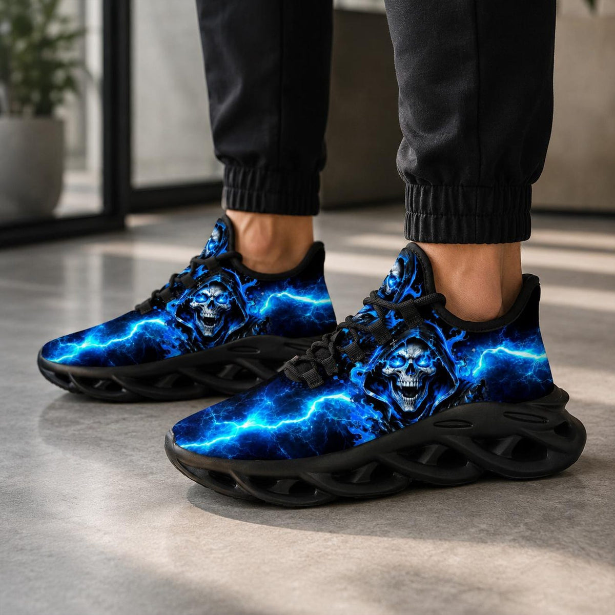 Blue Skull Sneakers for Men & Women, Gothic Lightning Running Shoes, Dark Alternative Trainers, Halloween Gift