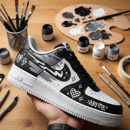 Custom AF1 Sneakers, Black White Graffiti Shoes, Hand Painted Doodle Streetwear