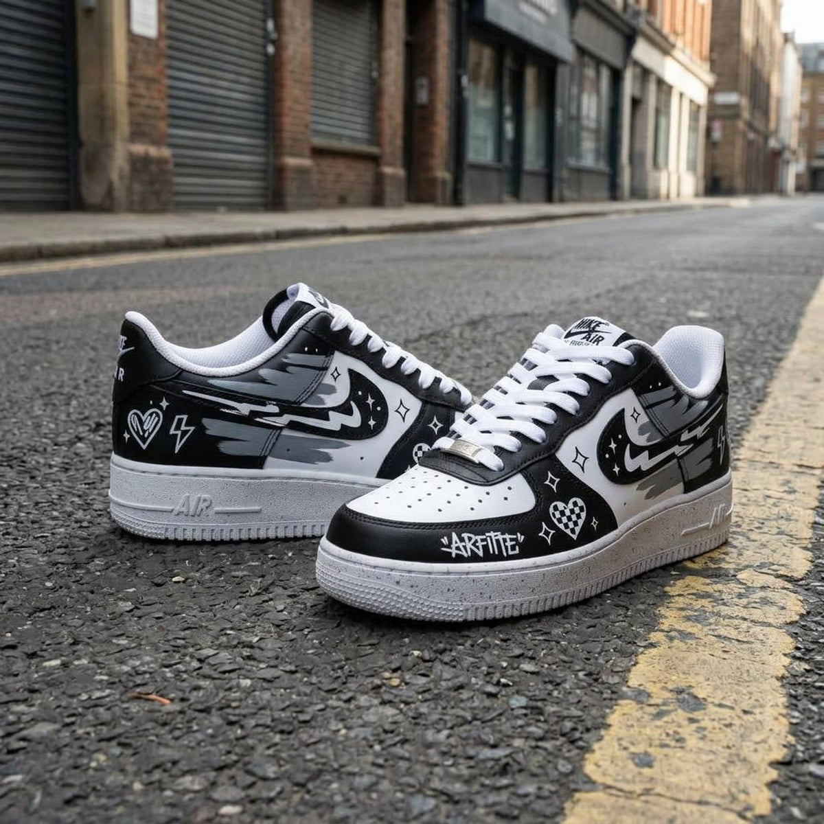 Custom AF1 Sneakers, Black White Graffiti Shoes, Hand Painted Doodle Streetwear