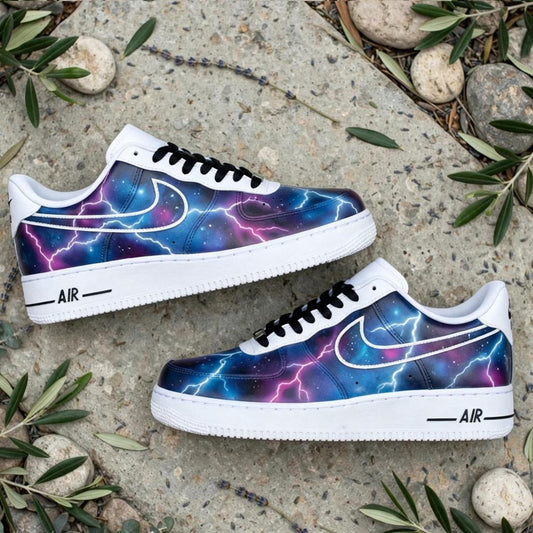 Custom Air Force 1 Purple Blue Galaxy Lightning Hand Painted Sneakers, Cosmic Storm AF1 Shoes, Birthday Graduation Gift For Him Her
