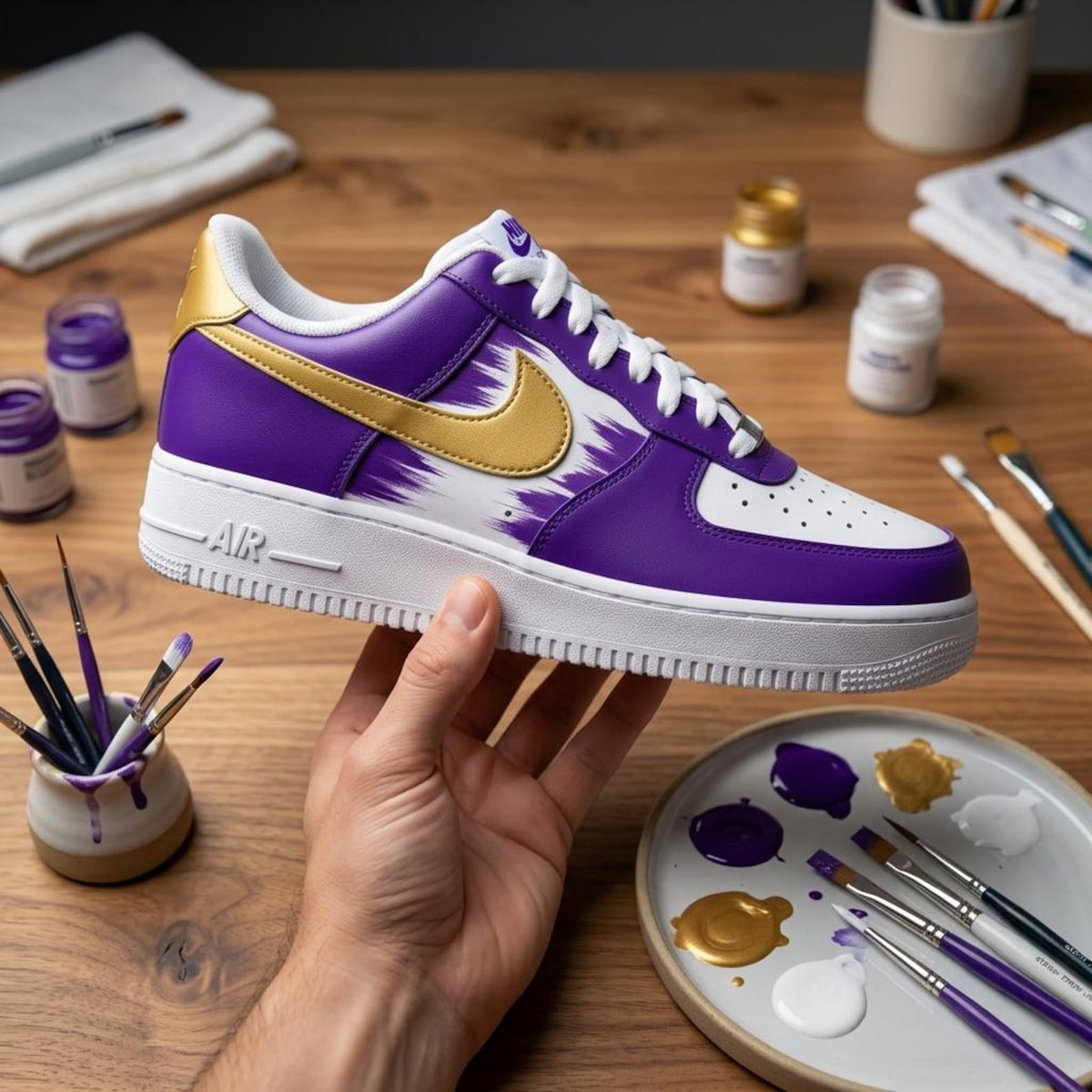 Custom Purple Sneakers, Metallic Gold Shoes, Hand Painted AF1, Unique Streetwear Gift