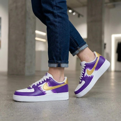 Custom Purple Sneakers, Metallic Gold Shoes, Hand Painted AF1, Unique Streetwear Gift