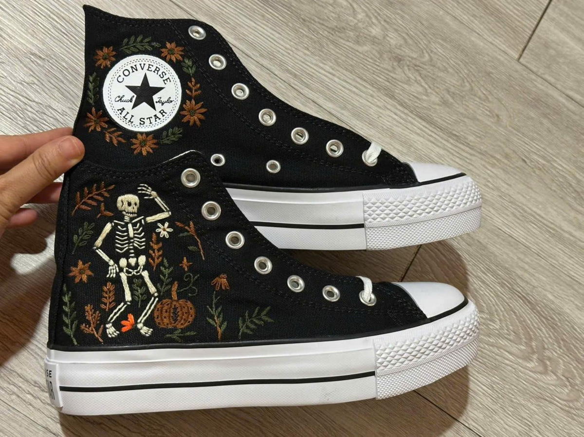Hand Embroidered Halloween Sneakers, Ghost Pumpkin Spiderweb Design (Customizable)